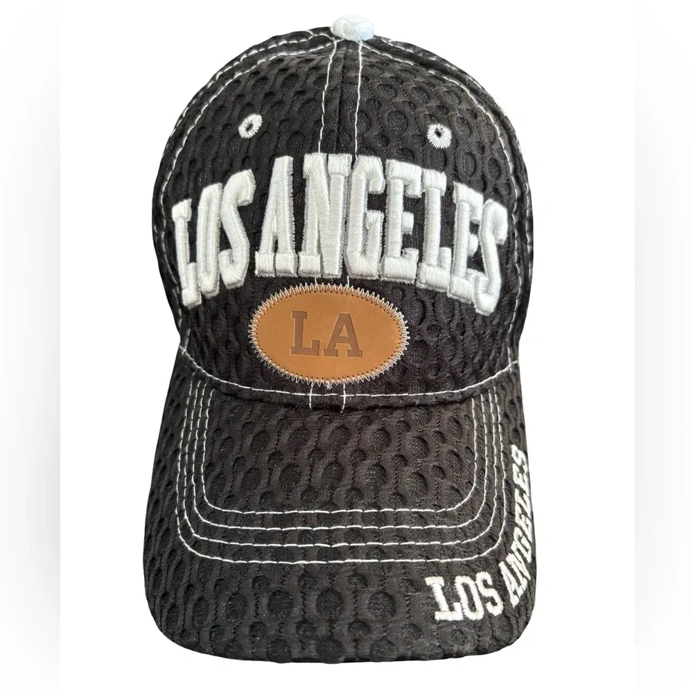 Los Angeles LA Embroidered Hat Black Textured Cap Distressed Style Adjustable - Picture 1 of 8